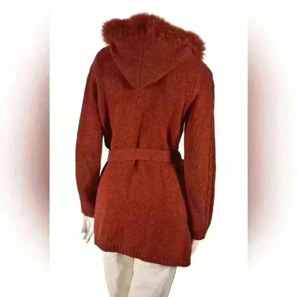 THEORY Orange Wool Cableknit 3/4 Length Fir  Trim Belted Cardigan Sweater Medium - Picture 3 of 9